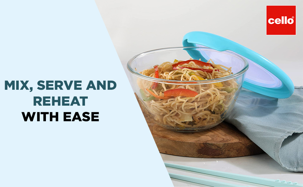 CELLO Ornella Round Glass Mixing Bowls for Kitchen with Lid Set of 2 Pieces, 500ml Transparent | Freezer & Fridge Safe, Microwave Oven & Dishwasher Safe Toughened Glass Bowl for Serving Mixing Dining