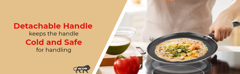 CELLO Aluminium Non-Stick Induction Base Dosa Tawa with Detachable Bakelite Handle 28 CM Black | Heavy Base, PFOA Free & Dishwasher Safe, Gas Stove & Induction Compatible | Perfect For Roti Dosa Chila