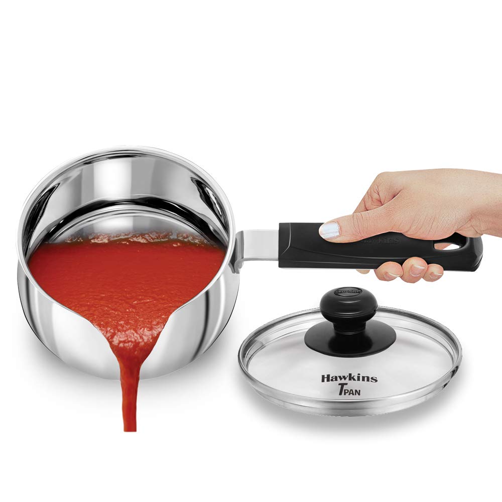 Hawkins 1 Litre Tpan, Stainless Steel Tea Pan with Glass Lid, Induction Sauce Pan, Chai Pan, Small Pan, Silver (SST10G)
