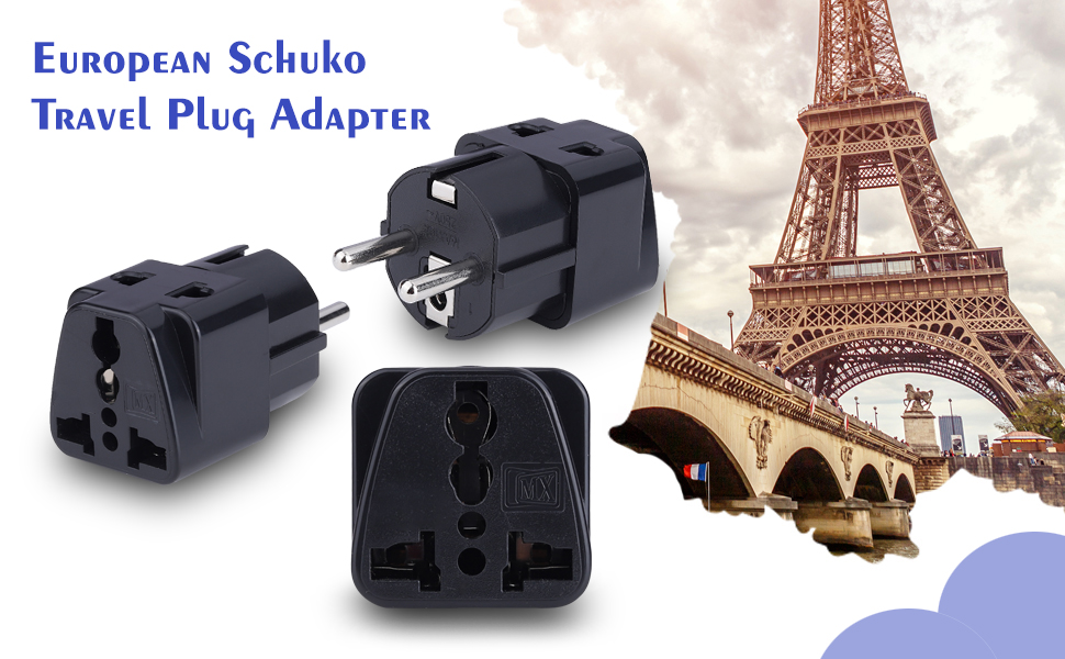 MX Universal Europe Travel Adapter – 2/3 Pin Type E/F Schuko Plug Converter 13A 250V, International EU Power Socket for Germany, France, Spain, Mobile & Laptop Chargers