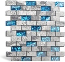 Blujellyfish Neptune Marble Mosaic Tile Teal Blue Natural Grey 1'' x 2'' Subway Brick Pattern Wall Backsplash Mosaics (Pack of 5 Sheets)