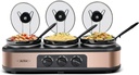 Sunvivi 1.5 Quart Triple Slow Cooker and Buffet Server,Small Mini Slow Cooker with 3 Upgraded Oval Ceramic Cooking Pots and Glass Lids,3 Spoons and 3 Lid Holders,4.5 QT
