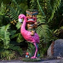 Solar Tiki Statue - Outdoor Statue - Solar Powered Garden Figurine Tiki Decoration for Bar, Patio, Balcony, Yard, Lawn, Table, Riding a Flamingo 13.66 Inches Tall