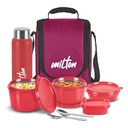 MILTON Pro Oběd Box s ocelovým příbory, 3 Mikrovlnné bezpečnostní vnitřní ocelové nádoby (180 ml, 320 ml, 450 ml), Plastové Chutney Dabba, 100 ml, Lahvička, 750 ml s izolačním vakem, Kancelářský Tiffin, Maroon