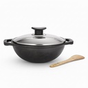 Lité železo Kadhai 24 cm se skleněnou licí a dřevěnou špachtlí 124; 3.3L, 2.4kg dužniny 124; Pre- Seasoned, Even Heat Distribution, Toxin & Teflon Free, Non- Stick, & Udržitelný saze 124; Gas & Induction Stovetop kompatibilní