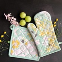 Pixel Home Organic Cotton Flower Tisk Oven Mitt a Držák hrnce (Zelená květina GPH)
