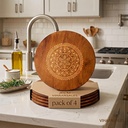 Round Wooden Trivet,Place Mate Set of 4 (20cm) |Bamboo Table Mats with Engraved Design | Heat Resistant Hot Pot Stand| Dining Table Protector | Wooden Coaster for Kitchen & Cookware (20x20 cm)