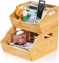 2 Pack Bamboo Stackable Storage Bin, Countertop Open Front Stacking Bins, 2 Tier Organize Basket Box with Handle, Food Fruit Container for Cabinet, Kitchen, Studio, Office