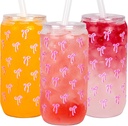 Ciaell 16 PCS Pink Bow Glass Cups with Lids and Straws - 16 Oz Preppy Can Shaped Plastic Glasses - Disposable Cute Iced Coffee Cup for Teen Girls Women Girlfriends Party Christmas Gifts