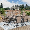 7 Pieces Patio Dining Set, Outdoor Table and Chairs, 6 x Textilene Swivel Dining Chairs and 60" Rectangle Black Table, for Cozy Garden Settings, Grey-Brown
