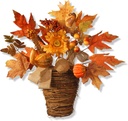 National Tree Company Artificial Flowers in Wicker Basket, Decorated with Pumpkins, Gourds, Berry Clusters, Burlap, Maple Leaves, Autumn Collection, 16 in