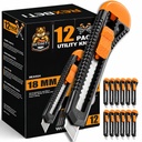 REXBETI 12-Pack Utility Nůž, Zatahovací box Cutter pro kartony, kartón a krabice, 18mm Široký Razor Sharp Blade, hladký mechanismus, ideální pro kancelář a domácí použití
