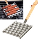 KAYCROWN Hot Dog Roller Sausage Rack with Extra Long Wood Handle, BBQ Griller For Evenly Cooked Dogs, 5 Capacity, Silver