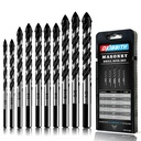 10-Piece Masonry Drill Bit Set for Concrete Tile Glass Ceramic Brick,1/8 to 1/2 Inch Drilling Bits with Triangle Handle,Tungsten Steel Alloy Tip.（Black）