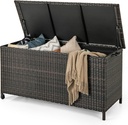 Tangkula Rattan Deck Box, 85 Gallon Storage Container with Waterproof Liner, Wheels & Gas Strut, Indoor Outdoor Wicker Storage Cabinet, Storage Furniture for Pillows, Cushions (Brown)