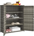 Outsunny Wicker Outdoor Storage Cabinet with Shelves, 4-Shelf Outdoor Pool Towel Cabinet with Two Doors, Rattan Patio Storage Shelves for Garden, Backyard, Porch, Mixed Gray